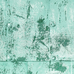 Green Steel Aluminum Sheet Background. Aged Aluminum Grunge Effect Iron Material Panel. Stainless Steel Corrosion Texture Square Bg.