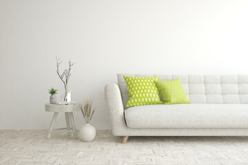 White living room with sofa. Scandinavian interior design. 3D illustration