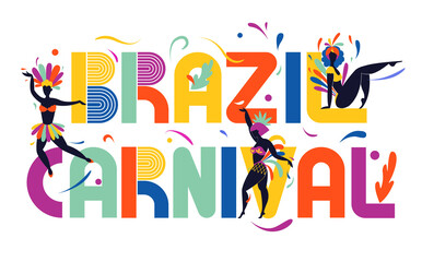 Brazil Carnival.  Latin American holiday.Bright lettering composition with dancing girls. Landing page