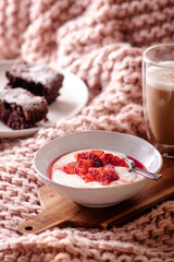 Fresh healthy breakfast greek yogurt with blood oranges, cashew butter and chia seeds