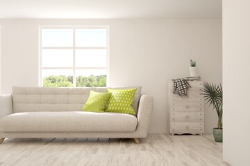 White living room with sofa and summer landscape in window. Scandinavian interior design. 3D illustration