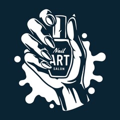 Emblem for beauty studio. Woman wrist with varnish. Female hand with manicure polish for nail bar. Fashion, trendy style of fingernail