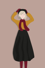 Portrait of a cute young French lady with short haircut wearing a long skirt and a scarf holding the beret on her head