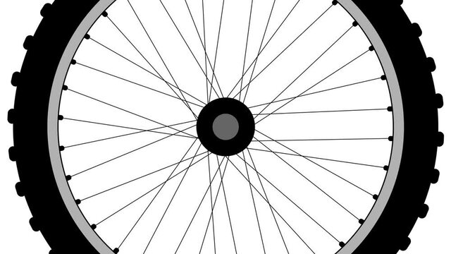 A rotating old-fashioned spoke bicycle wheel over a white background
