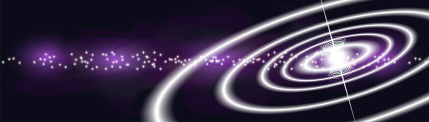 Abstract space banner. Many radiant stars against the background of a purple nebula. Large bright circles with a glow at the epicenter