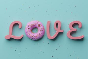 Love inscription with donut with colorful icing and sprinkles on blue background. Sweet background. Colorful background. 3D render. Saint Valentine's day concept.