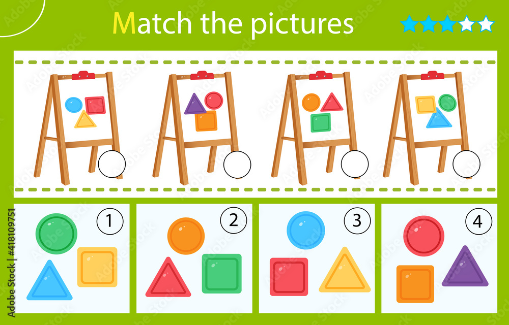 Wall mural match by color and shape. puzzle for kids. matching game, education game for children. easels with g