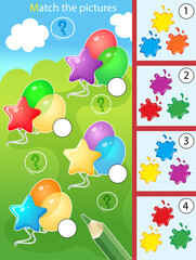 Naklejka premium Match by color. Puzzle for kids. Matching game, education game for children. Multicolor balloons. Worksheet for preschoolers