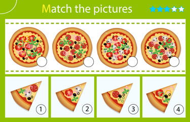 Matching game, education game for children. Puzzle for kids. Match by elements. Pizza. Worksheet for preschoolers.