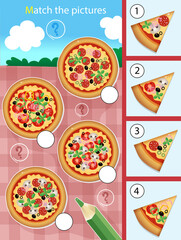 Matching game, education game for children. Puzzle for kids. Match by elements. Pizza. Worksheet for preschoolers.