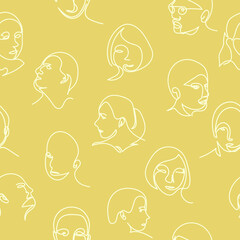 Seamless beige pattern with women and men faces in abstract one  line graphic style. Hand drawn vector. Abstract face drawn with one white line.