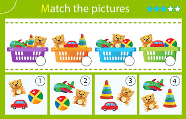 Matching game, education game for children. Puzzle for kids. Match by elements. Baskets with toys. Worksheet for preschoolers