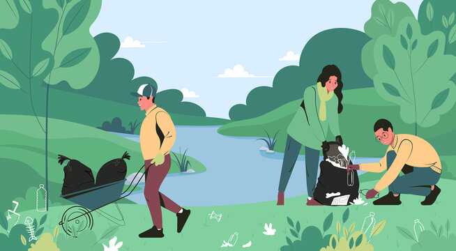 Young people remove garbage, plastic in nature near the river. Volunteers and ecologists clean the environment from waste. Flat vector illustration