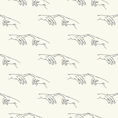 The Creation of Adam in simple minimalistic line art style. Vector seamless pattern with hands. Lineart in a trendy minimalist style. Fingertip touch pattern - obrazy, fototapety, plakaty