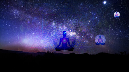 Fototapeta na wymiar Night starry sky, with three flying silhouettes in the lotus position.the jpg format can be used for backgrounds, for advertising spiritual goods.