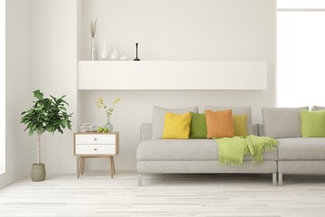 White living room with sofa. Scandinavian interior design. 3D illustration