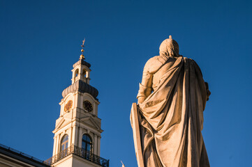 Fototapeta premium The statue of Roland in the Town Hall square. Riga, Latvia. Blue sky.