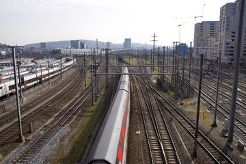 Train at Zurich railway main station. Photo taken March 4th, 2021, Zurich, Switzerland.
