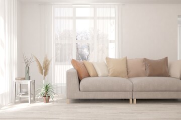 White living room with sofa and winter landscape in window. Scandinavian interior design. 3D illustration
