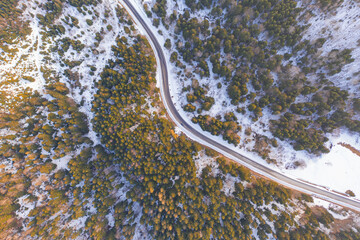 Aerial view on mountain road from drone in