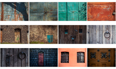 set of doors, a set of old facades, Photo collage of a wide variety of colorful and antique front doors and windows of houses and houses from all over the world. Signs of globality and diversity