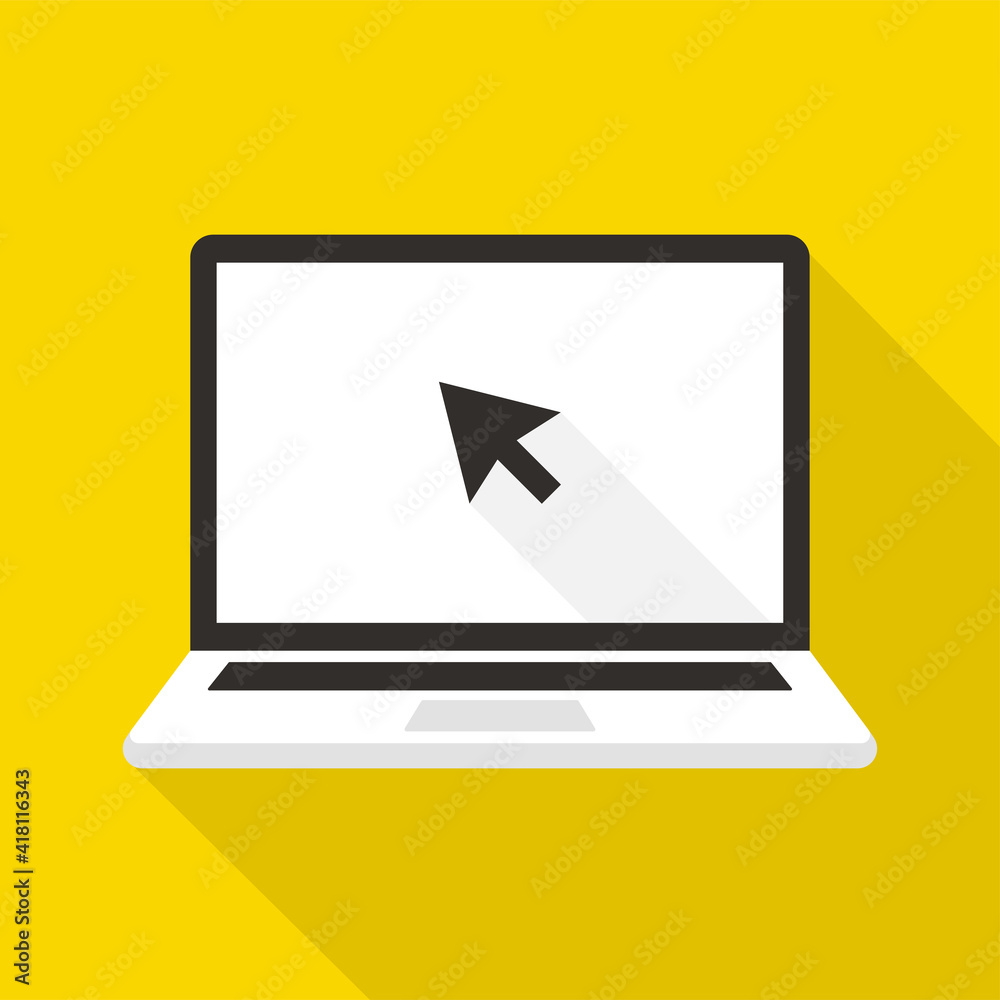 Poster click in laptop flat vector icon. concept of using a personal computer. arrow cursor mouse clicking 