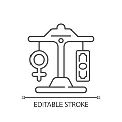 Equal pay linear icon. Gender pay gap decrease. Difference between male and female earnings. Thin line customizable illustration. Contour symbol. Vector isolated outline drawing. Editable stroke