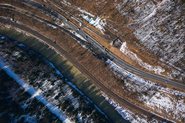 Aerial view on mountain road from drone in