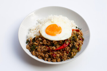 Rice topped with stir-fried pork with holy basil and fried egg