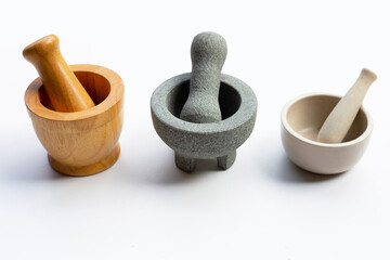 Mortar and pestle on white background.