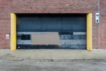 Wide garage door on vintage red brick industrial warehouse on overcast day in urban Chicago