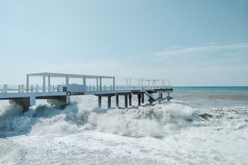 Waves crash on the shore. Storm into the rocky beach. Landscape of Batumi, Georgia