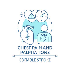 Chest pain and palpitations concept icon. Symptoms of long-term covid-19 idea thin line illustration. Effects after coronavirus. Vector isolated outline RGB color drawing. Editable stroke