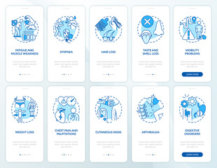 Post-covid syndrome onboarding mobile app page screen with concepts set. Reduced work hours walkthrough 5 steps graphic instructions. UI vector template with RGB color illustrations