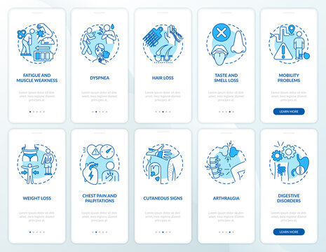 Post-covid Syndrome Onboarding Mobile App Page Screen With Concepts Set. Reduced Work Hours Walkthrough 5 Steps Graphic Instructions. UI Vector Template With RGB Color Illustrations