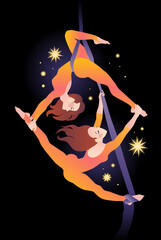 Two girls gymnasts on air silk against the background of the night sky and stars. Simple color vector illustration