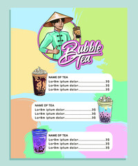 Obraz premium bubble tea menu, Vietnamese tapioca pearl tea, shake fruit jelly topping tea, drink, pouring, boba juice and more.