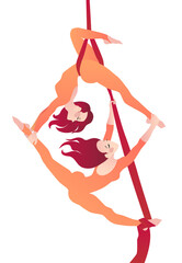 Two girls gymnasts on aerial silks. Simple vector color illustration