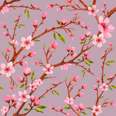 Watercolor cherry flower pattern. Spring floral seamless texture for wrapping paper, textile design, greetings. Pink flower repeating background
