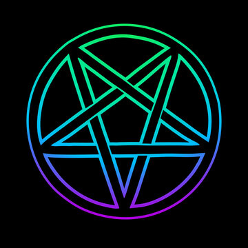 mystical bright neon pentagram on black background