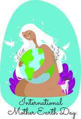 Obraz na płótnie Canvas World Mother Earth Day vector in cartoon style. Woman hugs the Earth protects and smiles. Hand drawn character Mother Earth. Female doodle drawing