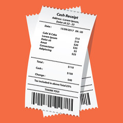 Naklejka premium café and cake receipt printed template, paper financial check. vector illustration