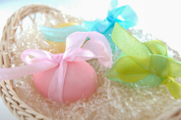 colored and decorated eggs for easter breakfast in italy on white background