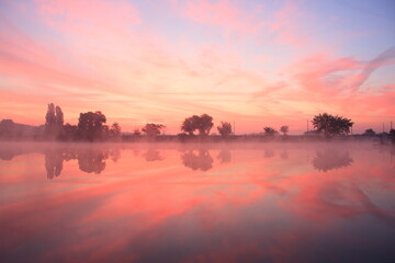 Naklejka premium Pink foggy dawn on the misty lake