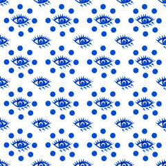 Blue eyes surrounded by blue dots. Seamless pattern for Turkish amulets from the evil eye. Hand painted harmonious watercolor illustration. White wallpapers in the themes of yoga, mental health, magic