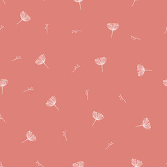 Little white outlined four petals flower and stamens seamless repeating pattern with coral pink background. Vector illustration