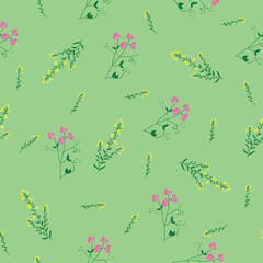 Wild flower sweet pea and gorse seamless repeating pattern with mint green background. Vector illustration