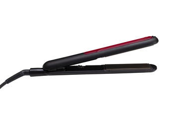 Hair straightener with a red insert, isolated on a white background. Ceramic coating.