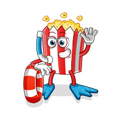 pop corn swimmer with buoy mascot. cartoon vector