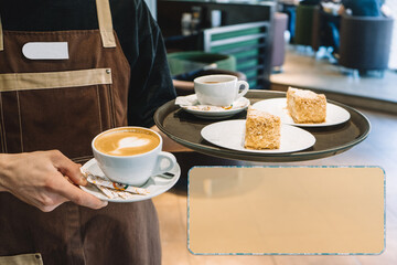 Waiter with a tray in one hand, glass of coffee, and two servings of cake
